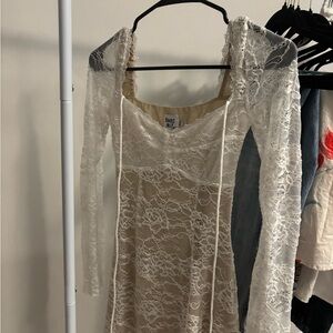 Princess Polly White Sheath Dress with Square Neck and Bishop Sleeves